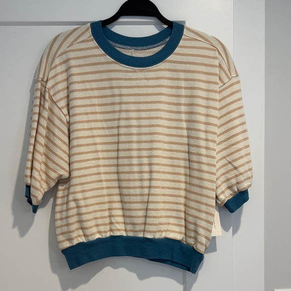 Pilcro Tops - Pilcro Cream and Teal Striped Short Sleeve Sweatshirt